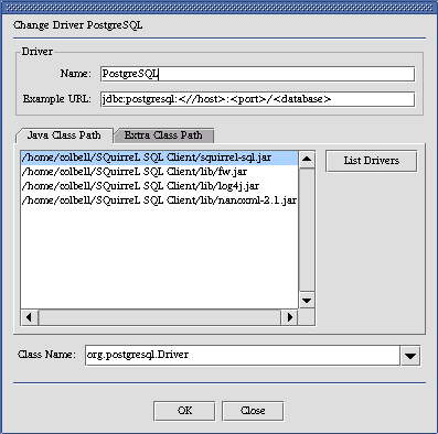 Change Driver dialog (Java Class Path tab)