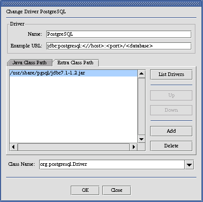 Change
Driver dialog (Extra Class Path tab)