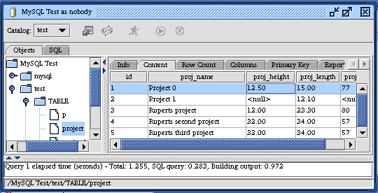 Session Window Showing a Table